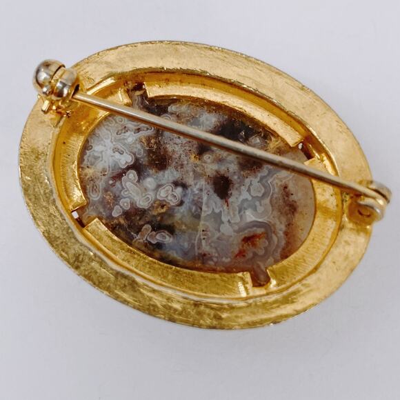 VTG Mid Century Brooch Agate Gemstone Oval Stone Pin 1960s 1970s Gold Tone - Picture 9 of 11